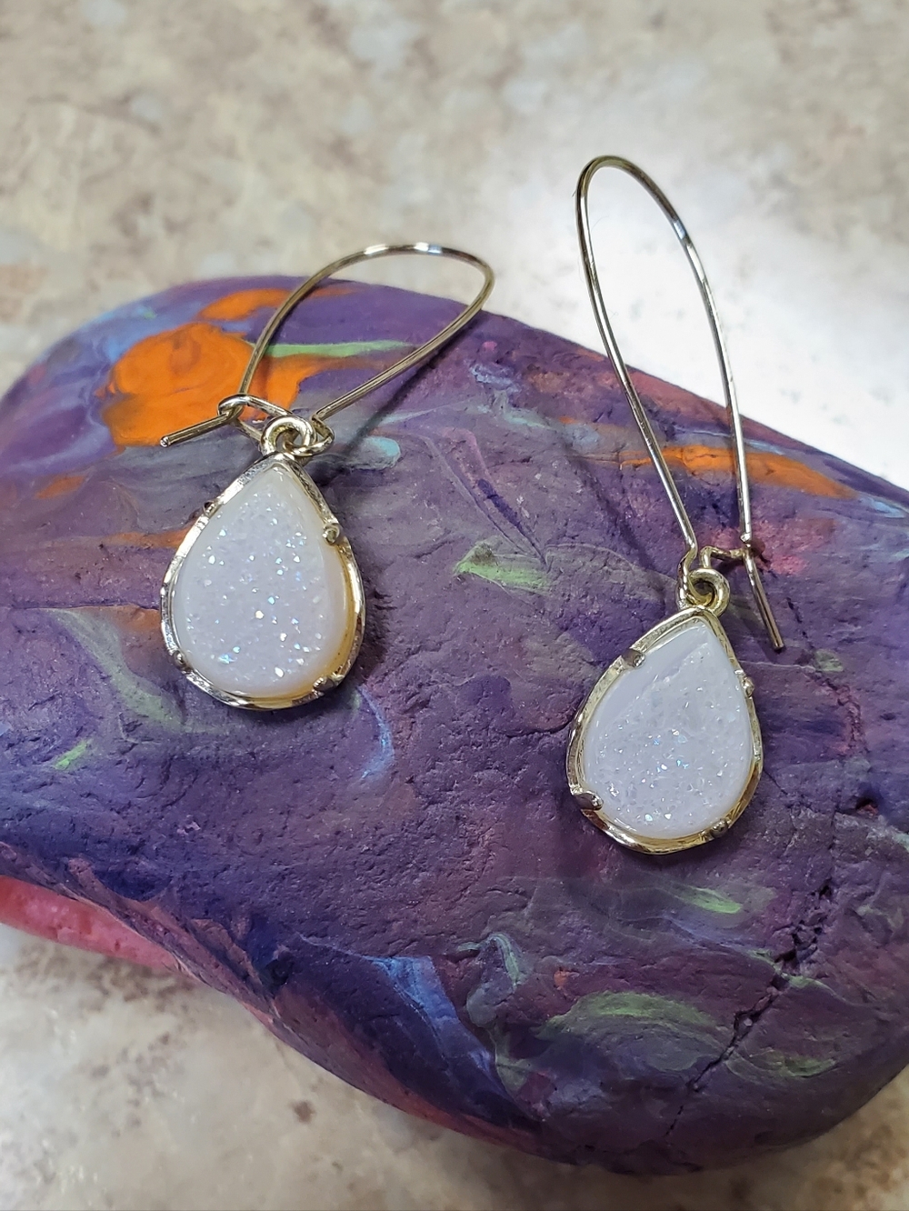 Kendra Scott White Druzy Teardrop Earrings with Gold Trim